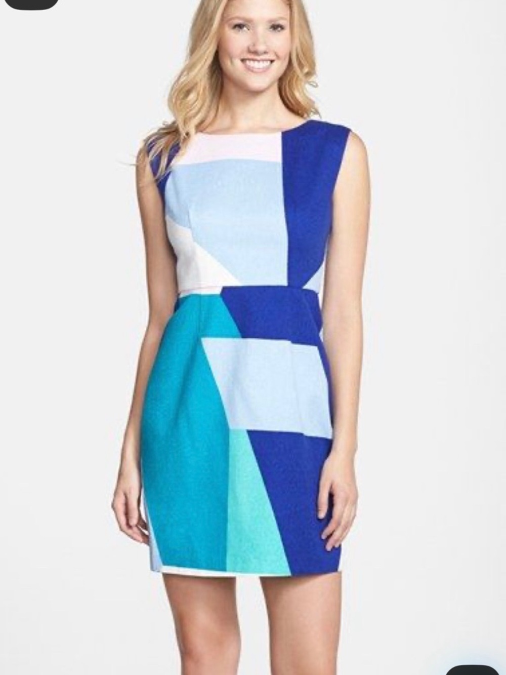 Plenty by Tracy Reese Geometric Colorblock Mini Dress in Blue, Teal & White